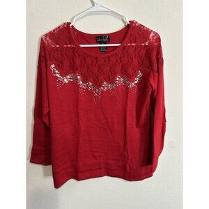 Questions By Say What? Red Lace Collar Bedazzled Red Women’s Blouse Shirt Size M